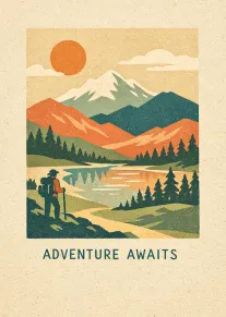 Retro mountain landscape with hiker, lake, trees, and Adventure Awaits text in warm colours throughout.