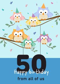 Five colourful owls in party hats perch on branches above a big 50 birthday greeting.