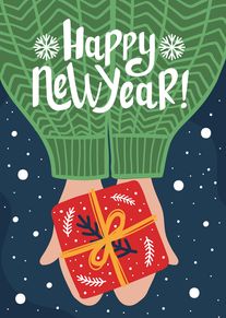Happy New Year text above a person in green sweater holding a red wrapped gift.