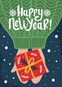 Happy New Year card with green sweater and wrapped gift