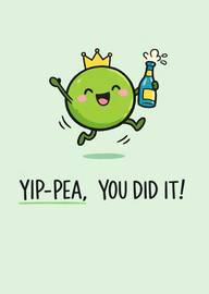 Cute green pea character celebrating success with champagne