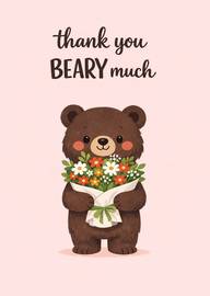Cute brown bear holding colorful flowers with thank you message