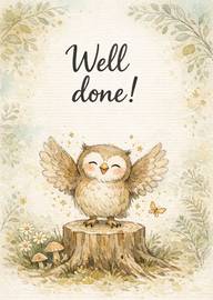 Watercolor cute owl standing on tree stump with well done text