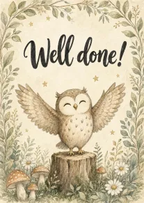 Cute watercolour owl standing on a stump with Well done! text and soft floral leaves.
