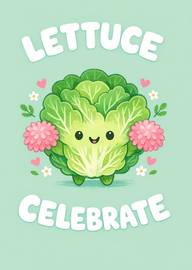 Cute smiling lettuce cartoon holding pink pom poms with hearts