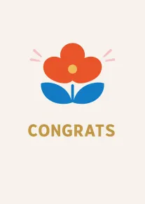 Orange flower with blue leaves and gold Congrats text on a cream background card design.