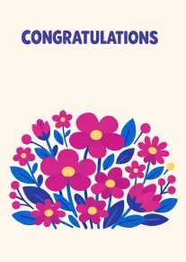 Cream card with congratulations text and a bright pink and blue floral bouquet illustration below.