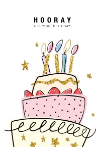 Minimal birthday card with layered cake, candles, stars, and wording Hooray It's Your Birthday above.