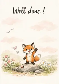 Watercolor fox waving on a rock with flowers, butterflies, and the words Well done.