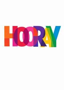 Colorful overlapping rainbow letters spelling HOORAY on a white textured background with bold modern design.