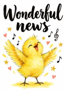 Watercolour yellow chick sings beneath Wonderful news lettering, surrounded by hearts, stars and musical notes.