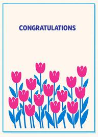 Bright congratulations card with pink tulips and blue leaves