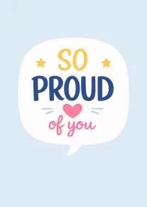 Light blue speech bubble card reading So Proud of You with stars, heart, and lettering.