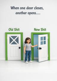 Cartoon figure choosing between two doors labeled old and new options