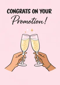 Two hands toast champagne glasses beneath Congrats on Your Promotion text on a pink background.