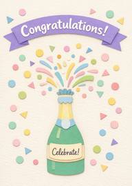 Congratulations card with popping champagne bottle and colorful confetti