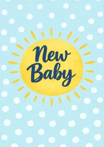 Blue polka dot card with yellow sunburst and New Baby text in navy script centered.