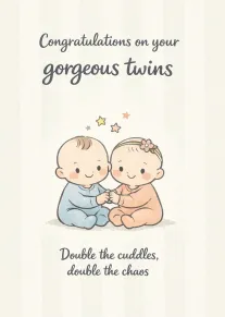 Baby boy and girl twins sit together beneath congratulations and cuddles wording on cream card.