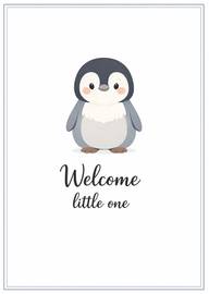 Cute cartoon baby penguin with welcome little one text