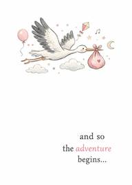 Watercolor stork delivering pink baby bundle with adventure text