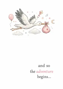 Watercolour stork carries a pink bundle with balloons, stars, clouds, and adventure begins text below.