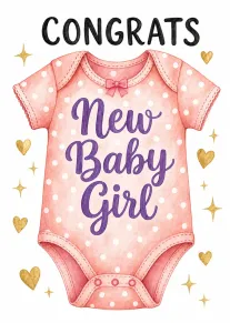Pink polka dot baby onesie with Congrats and New Baby Girl text on white background.
