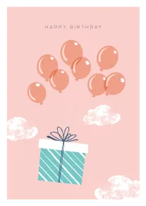 Pink birthday card with floating balloons, a wrapped gift, and fluffy clouds on pastel background.