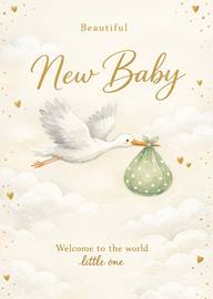 Beautiful new baby card stork carrying green polka dot bundle
