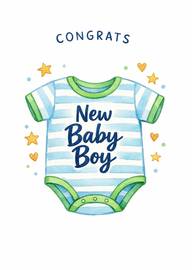 Watercolor blue striped baby boy onesie with congrats text