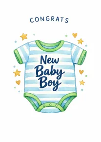 Watercolor striped baby onesie with Congrats and New Baby Boy text, surrounded by stars, hearts.