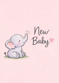 A sweet baby elephant sits beside New Baby text on a soft pink background card.