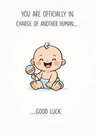 Cute baby with rattle wishing good luck with new baby