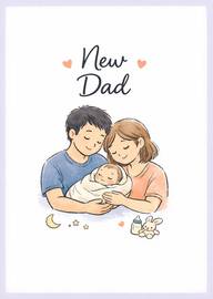 New dad with partner holding newborn baby surrounded by baby items