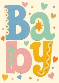 Pastel paper-cutout letters spell Baby with hearts, stars and dots on a soft cream background.