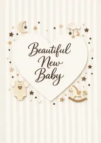 Heart-shaped new baby card with stars, moon, baby onesie, rocking horse, and soft cream tones.