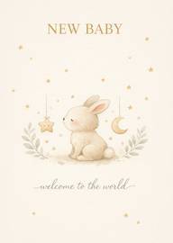 Delicate watercolor new baby card with bunny and stars
