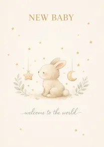 Watercolor bunny sits beneath stars and moon with New Baby and welcome to world text.