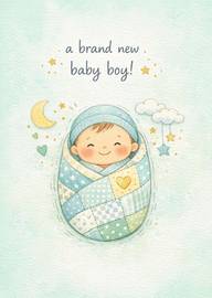 Adorable watercolor baby boy wrapped in patchwork blanket with stars moon