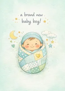 Smiling swaddled baby boy in pastel quilt with stars, moon, clouds, and brand new wording.