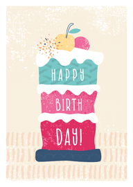 Colorful layered birthday cake with happy birthday text