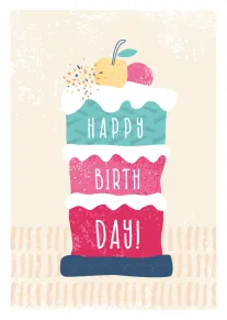 A colourful layered birthday cake with Happy Birth Day text on a cream background card.