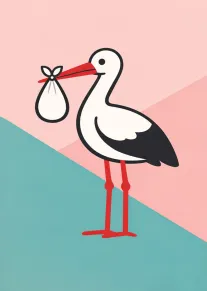 A cute stork carries a baby bundle against a pink and teal geometric background design.