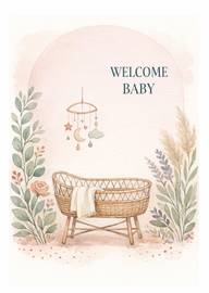 Welcome baby card with basket and floral watercolor art
