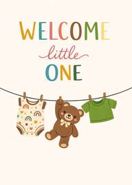 Welcome Little One Baby Card with Teddy and Clothes