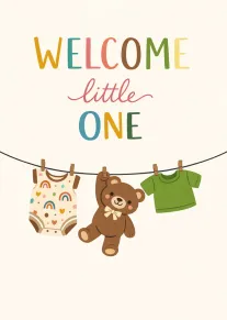 Colourful welcome little one card with teddy bear, baby vest and hanging shirt on cream.