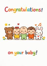 Cute colorful congratulations card with baby and animal friends