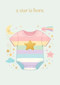 Pastel rainbow baby onesie with stars and moon illustration featuring words a star is born.