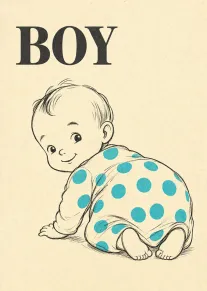 Vintage sketch of smiling baby boy wearing blue polka dot onesie on cream background paper.