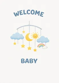 Welcome Baby text above a pastel mobile with clouds, moon, sun, stars and rainbow design.