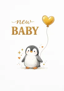 Cute penguin with heart balloon and gold new baby wording on a clean white background.